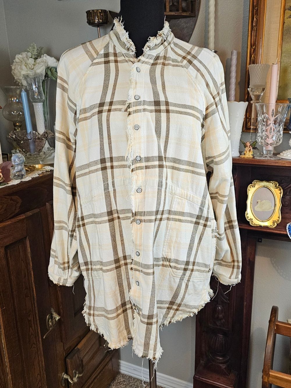 We The Free Summer Daydream Plaid Shirt Distressed Cotton Shacket Small